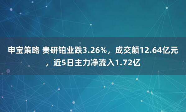 申宝策略 贵研铂业跌3.26%，成交额12.64亿元，近5日主力净流入1.72亿